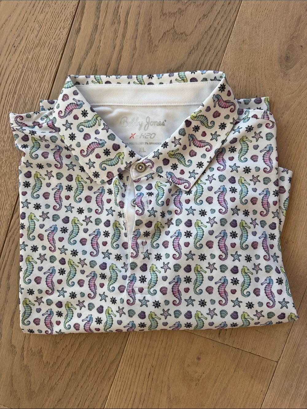 Bobby Jones White Polo with Pastel Seahorse Print